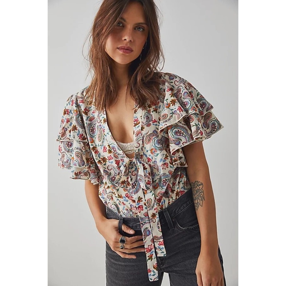 Free People Intimately Call Me Later Paisley Floral Ruffle Tie Front Bodysuit XS